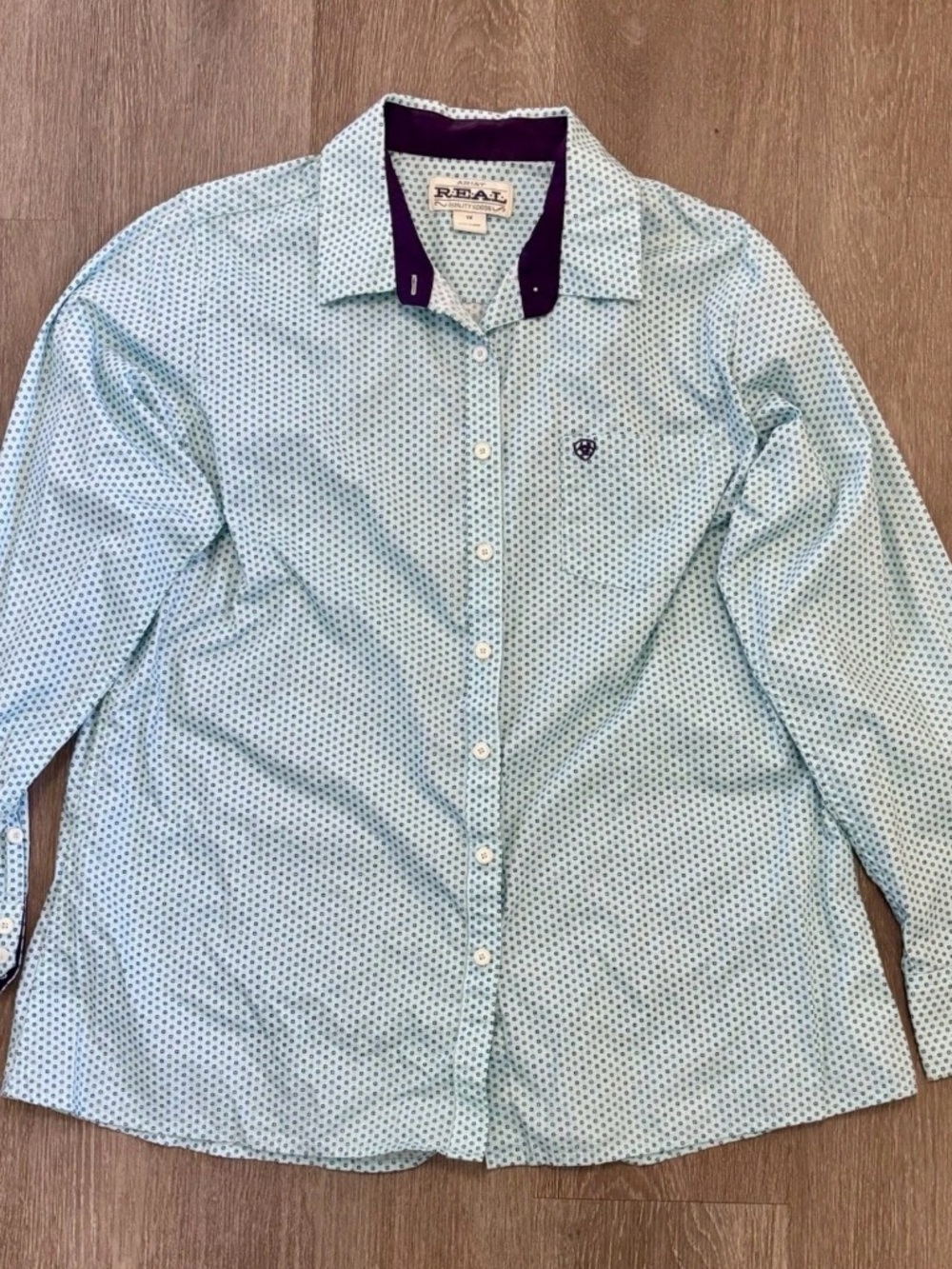 Ariat Women’s Light Blue Micro-Print Button-Down with Purple Collar Trim